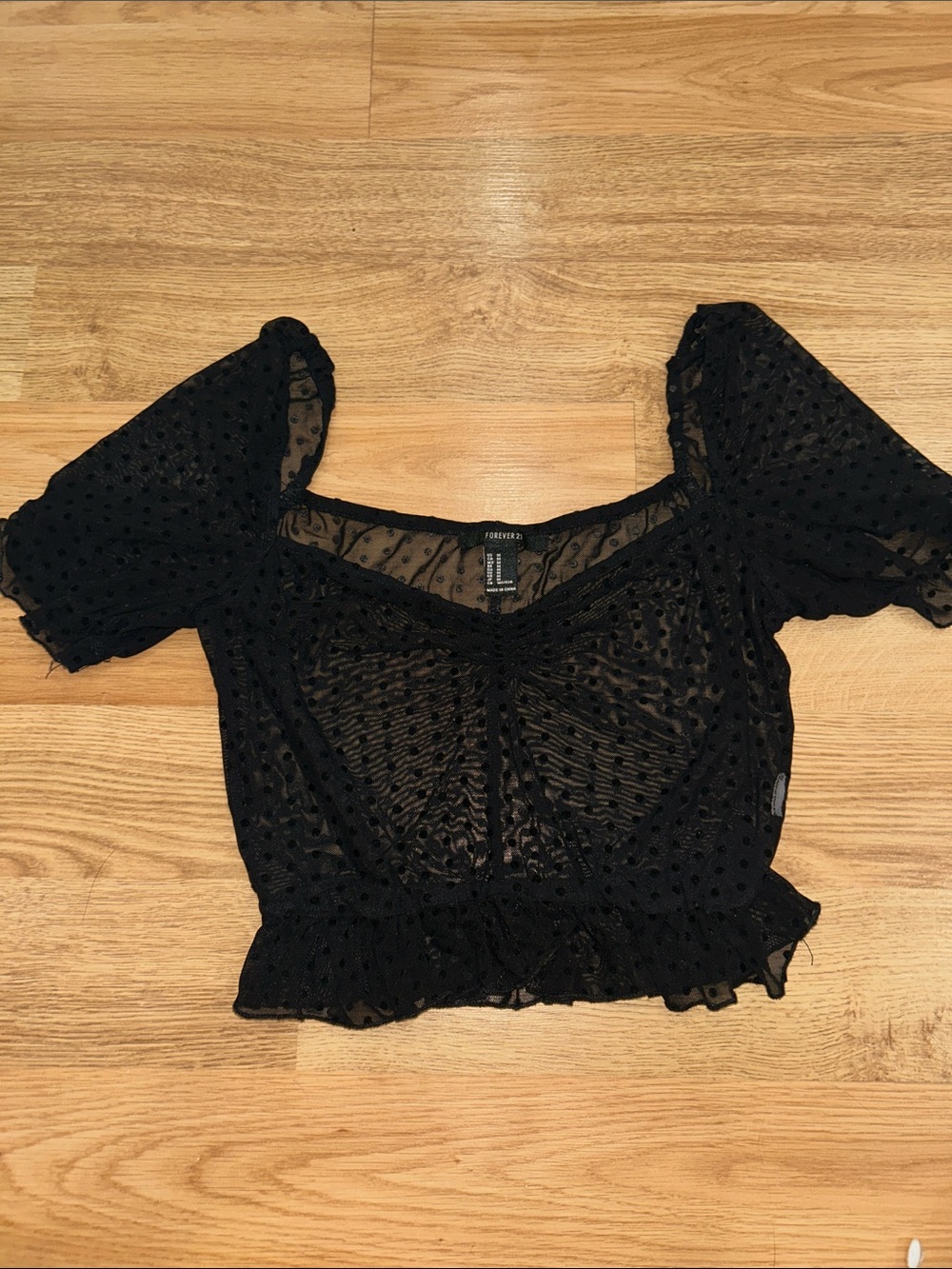 Forever 21 Black Swiss Dot Puff Sleeve Crop Top